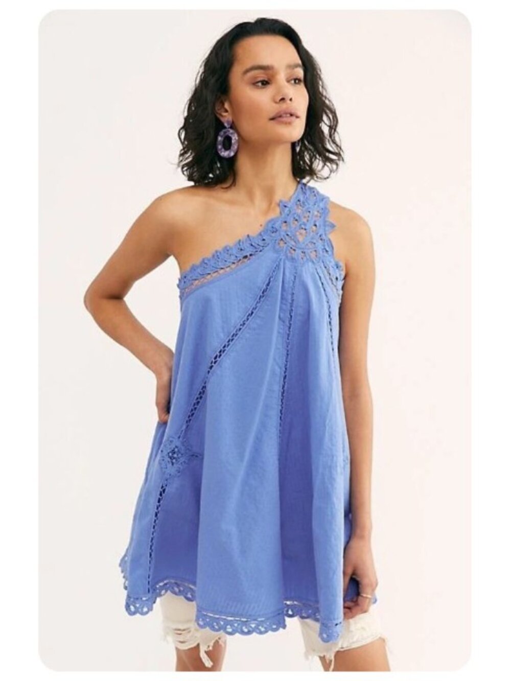 Free People Billie Battenburg One Shoulder Crochet Embroidered Dress sz M - Picture 5 of 10